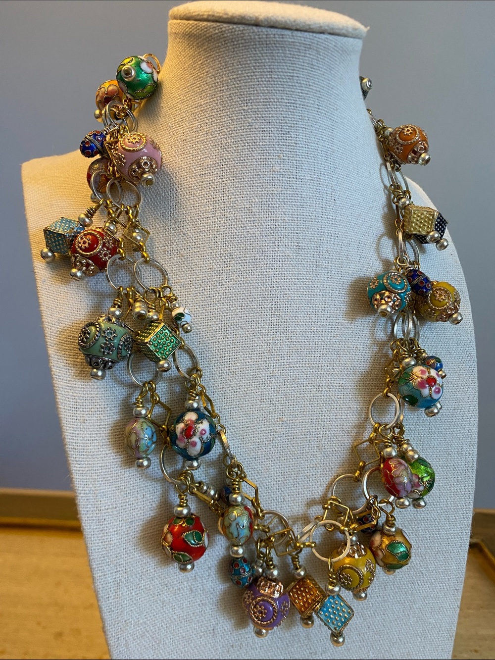 Long 34” Multicolour Beaded Charm Necklace Two-Tone Chain
